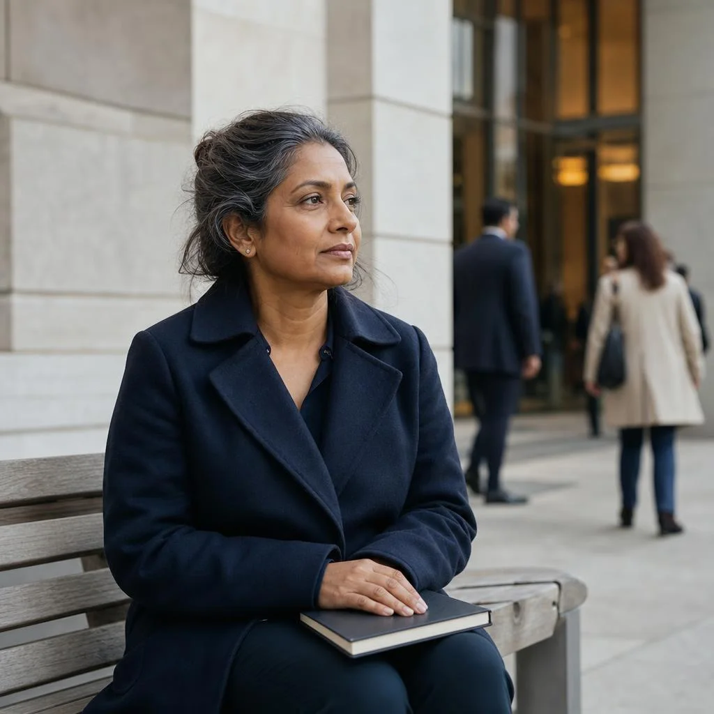 A mature woman with graying hair on a bench outside an office, preparing for a conversation. Illustration for Priya’s story.