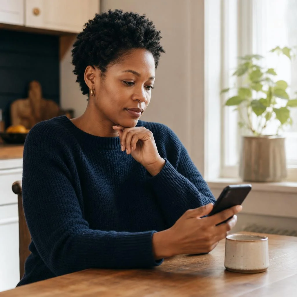 Illustrative scene of a woman pausing over a phone at a kitchen table.
