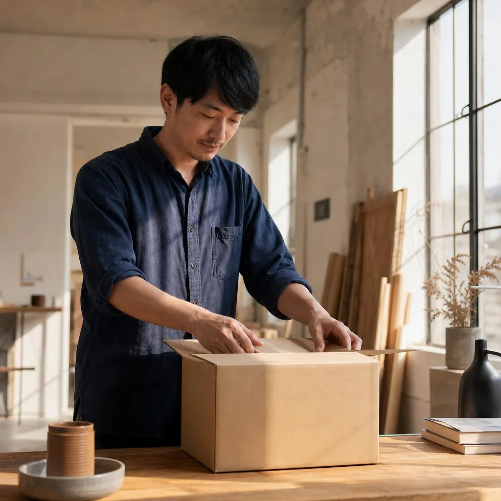 A young man packing a plain cardboard box in a sunlit studio. Illustration for Daniel’s story.