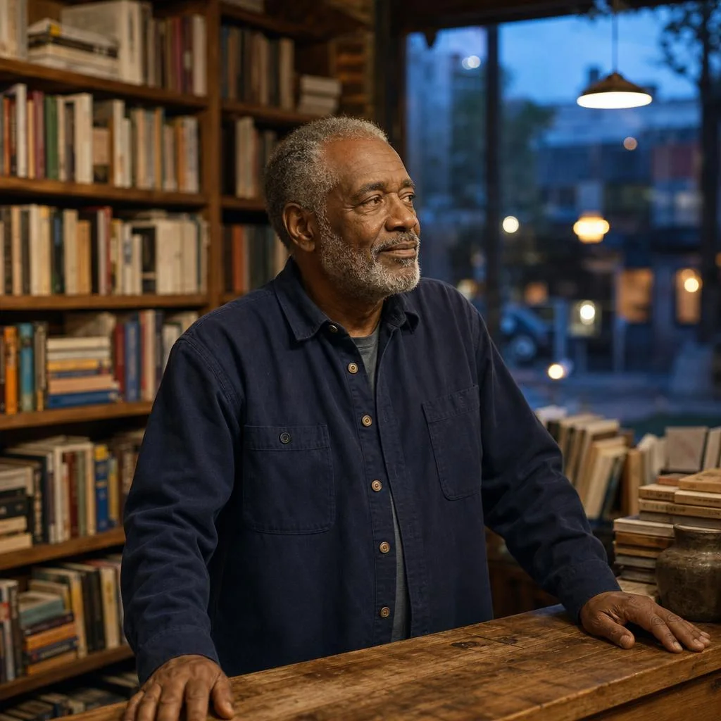An older man with a gray beard behind the counter of a bookshop at dusk. Illustration for James’s story.